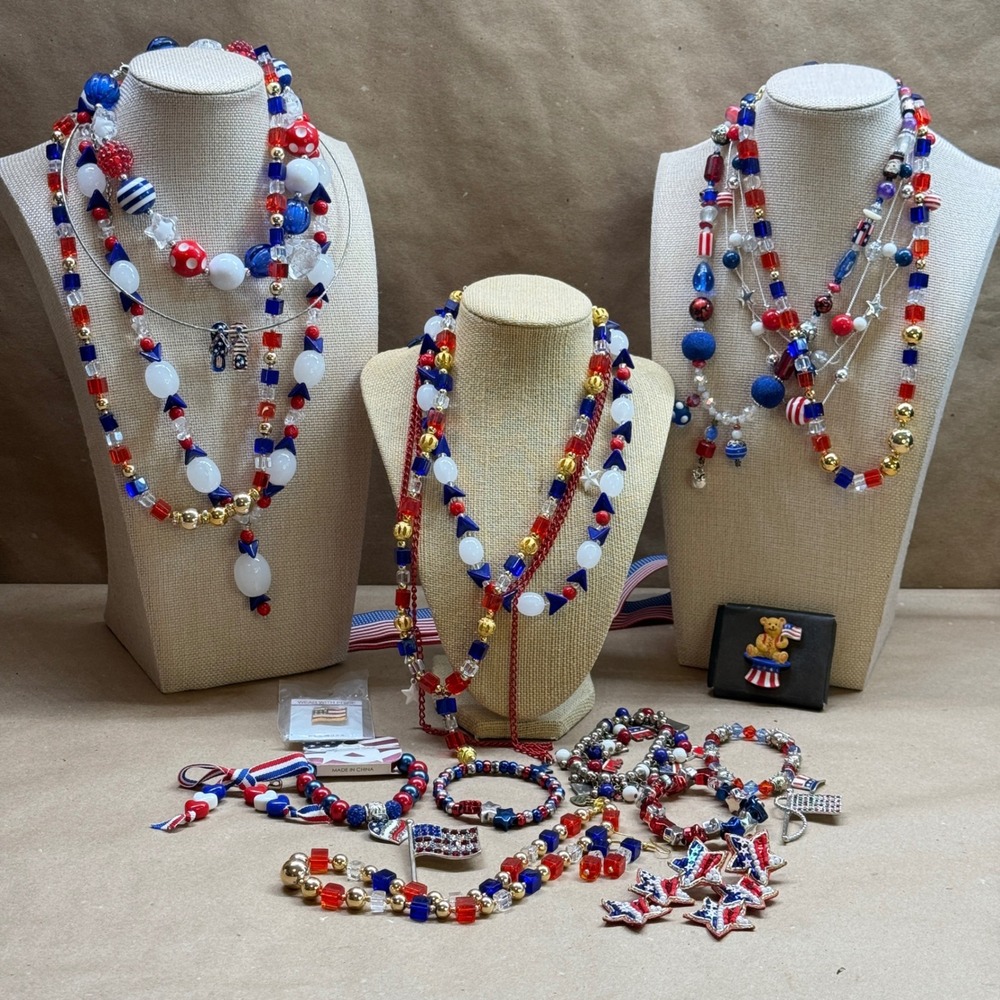 Patriotic Jewelry Lot 20+ Red White Blue July 4th Necklace Bracelet Earring Pin